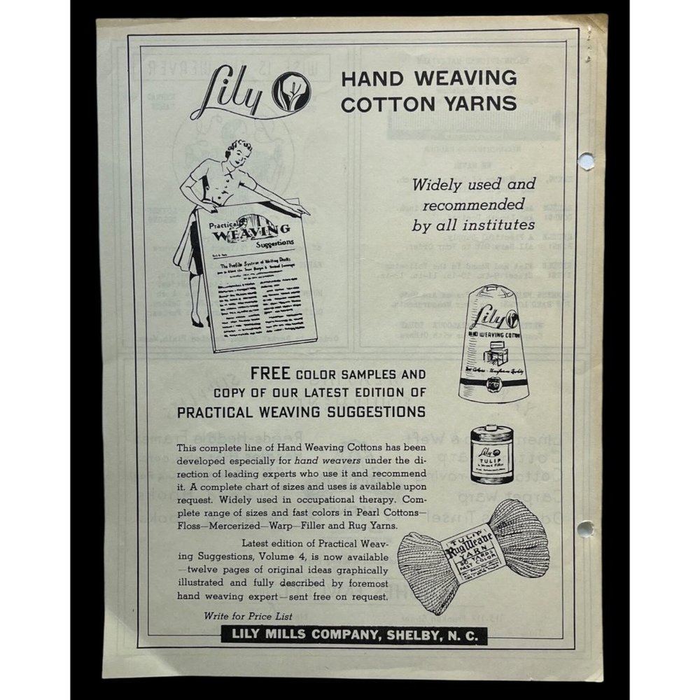 Lily Mills Hand Weaving Cotton Yarns Vintage Print Ad 1930s Shelby NC